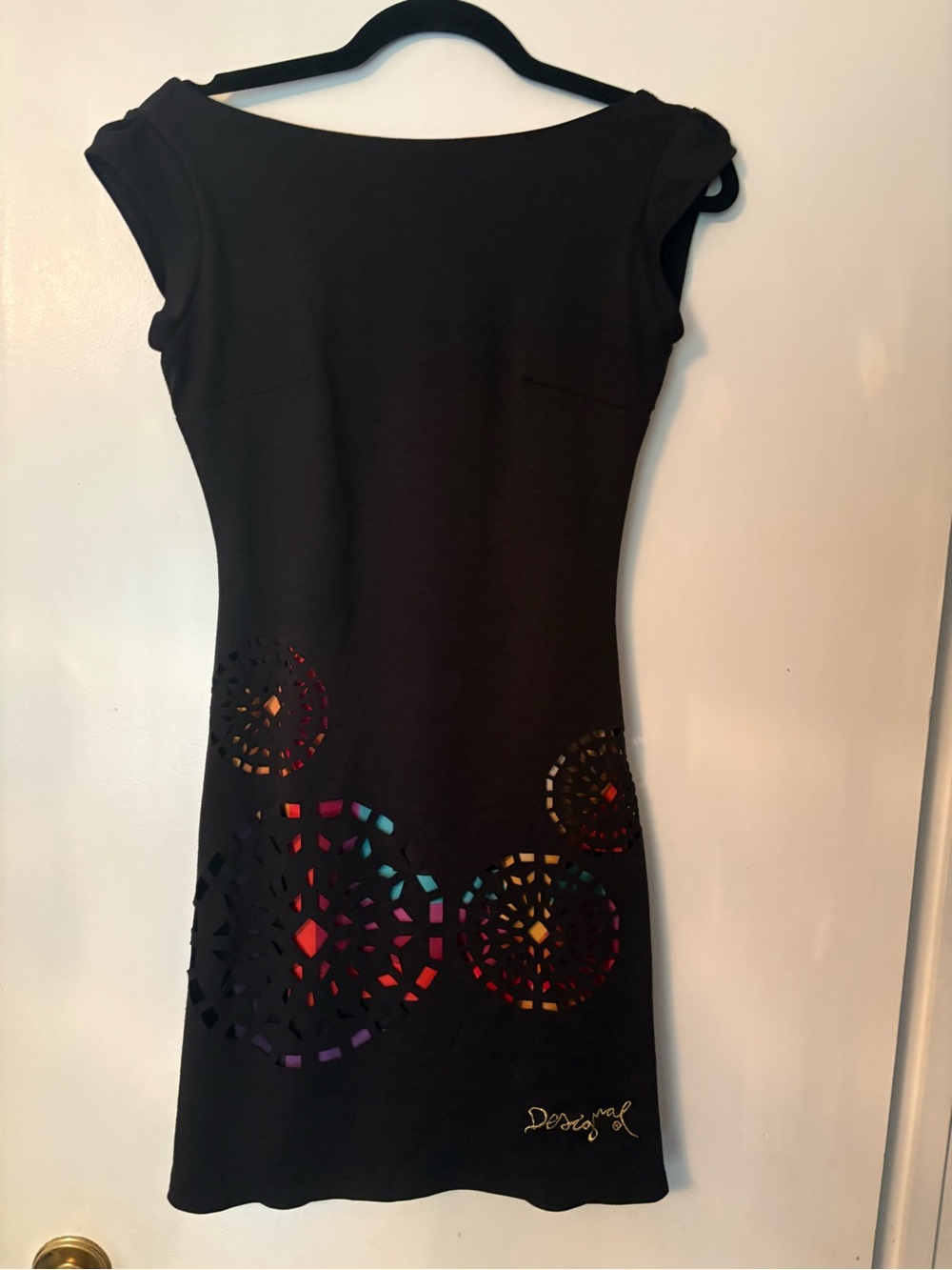 Desigual Black Cap-Sleeve Dress with Multicolor Cutout Accents